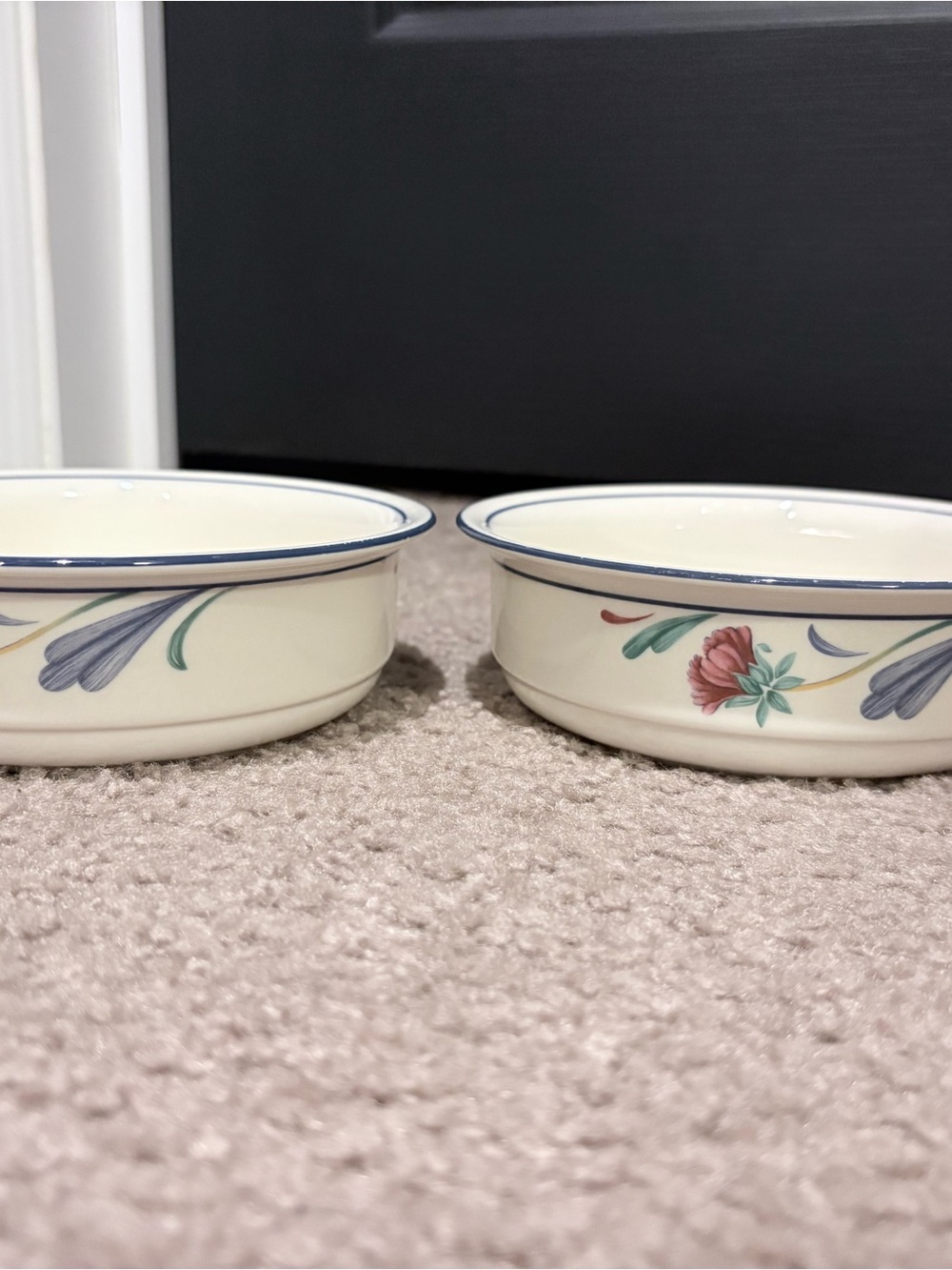 Lenox Cream Ceramic Serving Bowls with Blue Rim and Floral Motif